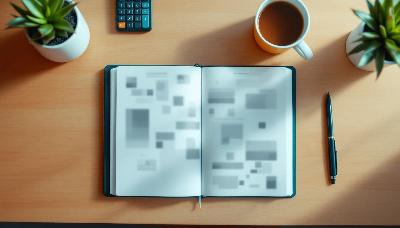 A desk with an open planner notebook, calculator, and coffee in natural light
