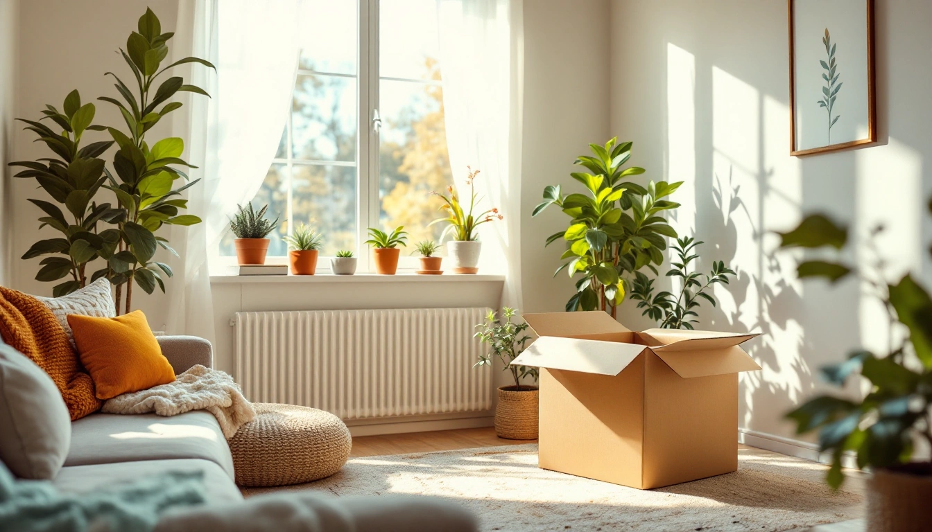 A bright first apartment living room with moving boxes and plants